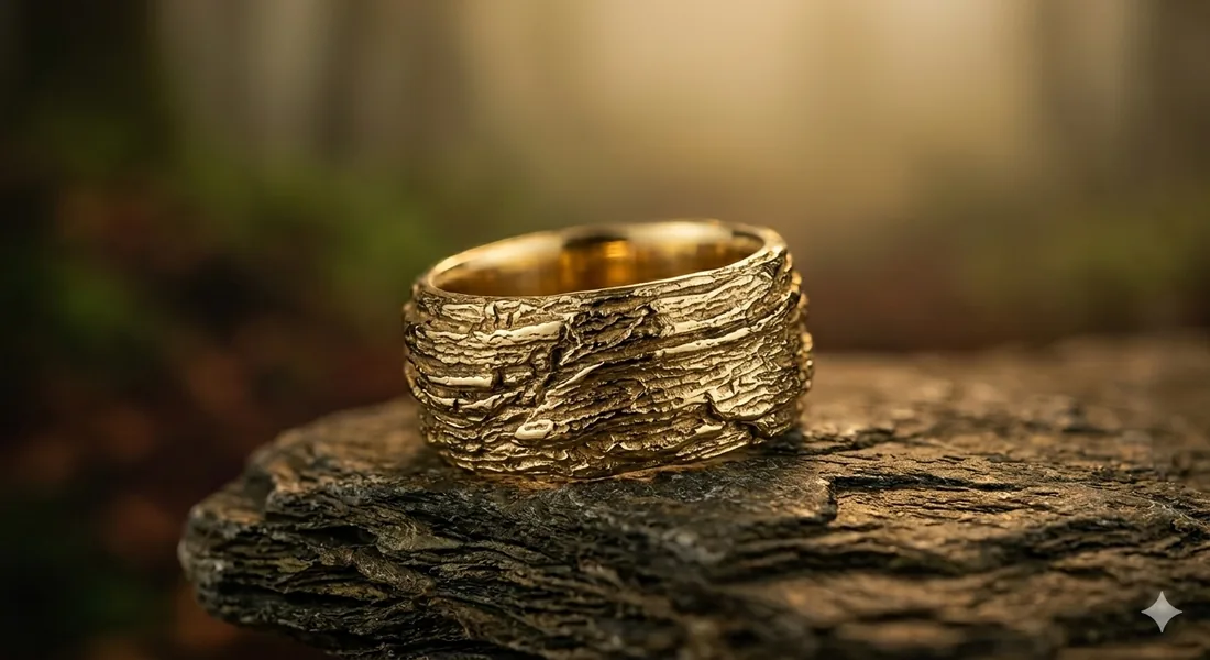 A bark-textured gold ring on woodland stone