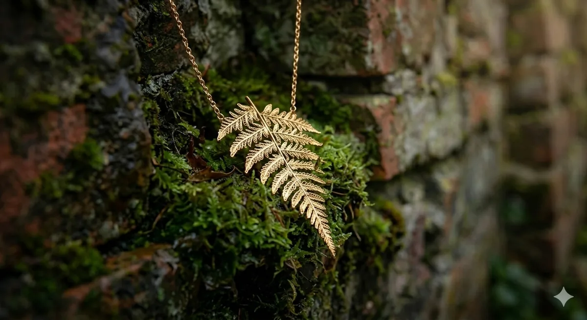 A gold fern necklace on a mossy Kraków wall