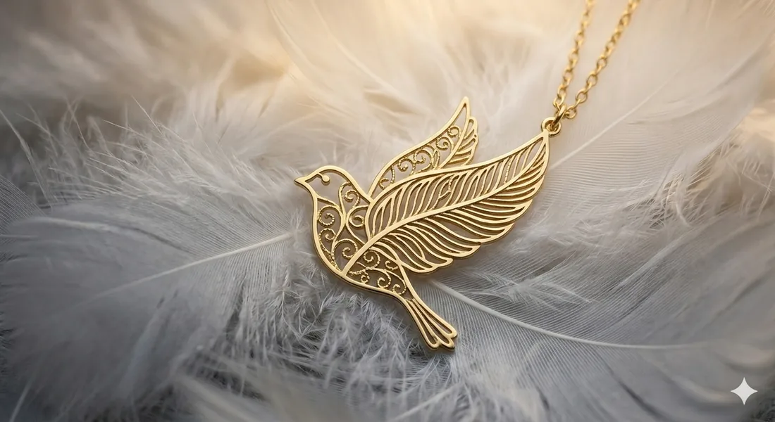 A finished gold bird pendant caught in morning light
