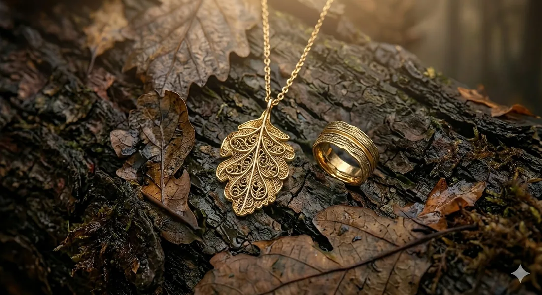 A gold oak-leaf pendant resting on damp bark
